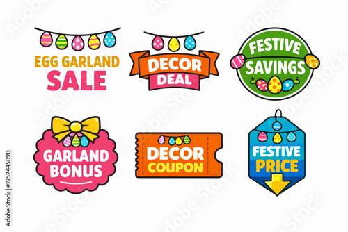 Festive holiday sale labels with easter egg garlands offering discounts and bonuses