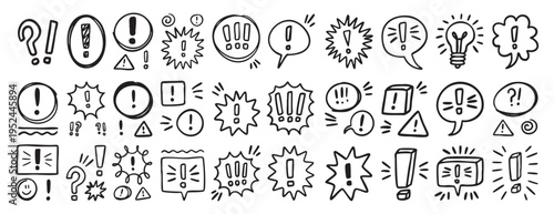 Hand drawn exclamation mark doodle speech bubbles set. Comic chat balloon collection. Sketch style communication elements vector