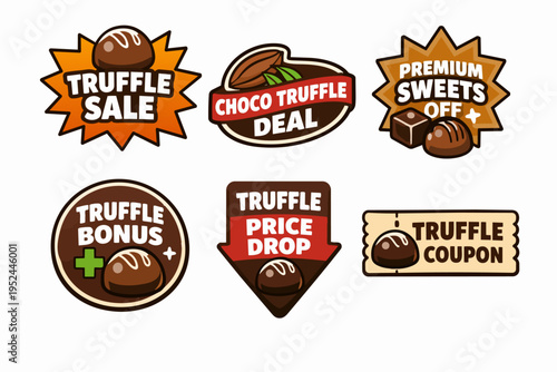 Chocolate truffle promotion labels offering sales, discounts, bonuses, and special deals