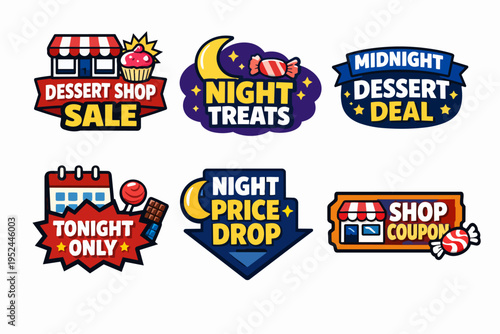 Dessert shop sale and night treats promotion badges displaying special sweet deals
