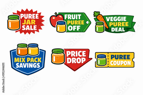 Baby food puree jar sale, discount, and coupon labels for retail promotion