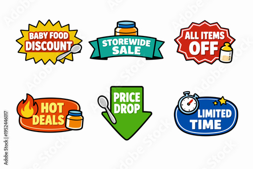 Retail promotion badges showing baby food discount, storewide sale, and limited time offers