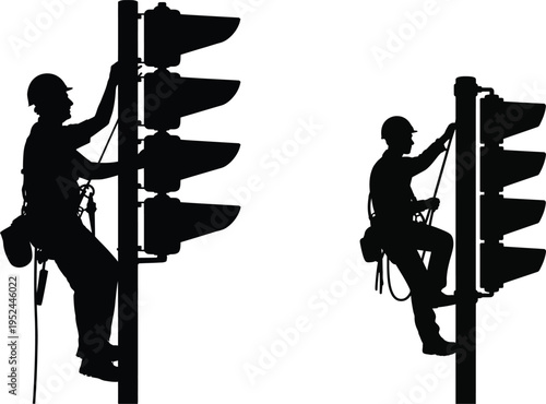 Traffic light maintenance worker silhouettes repairing street signal vector illustration