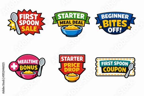 Collection of baby food and starter meal deals with discount icons and promotion labels