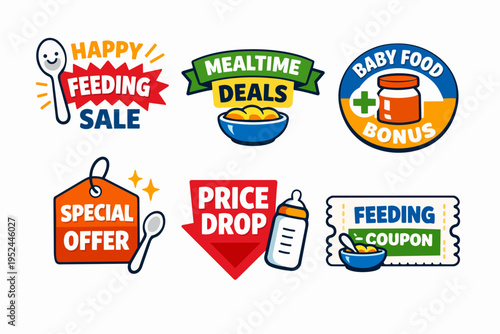 Baby food feeding promotions, special offers, discounts, and sale labels collection