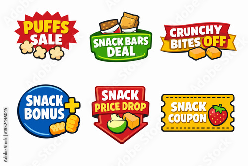 Snack food sale and discount stickers with various deals and price reductions