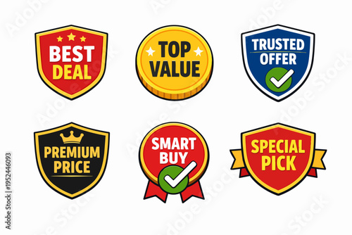 Collection of promotion badges showcasing best value, smart buy, and special offers
