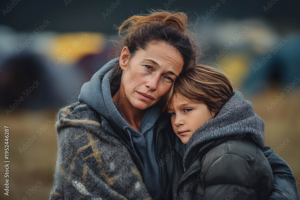 Obraz premium Woman and child embrace closely, both wearing warm clothing, with a blurred background of tents and outdoor environment indicating a temporary living situation