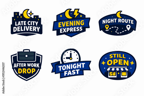 Delivery and shopping service icons offering night routes, late drop-offs, and express shipping