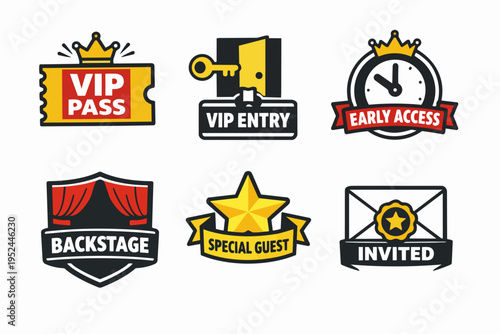 Premium access badges set for vip entry, special guest invitation, and early access events