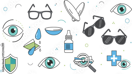 Eye Care and Vision Protection Vector Illustration Set Featuring Glasses, Contact Lenses, Eye Drops, Sunglasses, Vision Test, and Ophthalmology Health Elements.