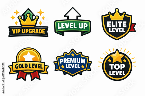 Gaming badges collection with level up, vip upgrade, premium, gold and elite awards