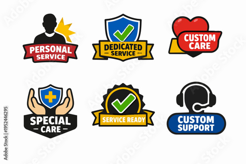 Customer support and service badges set representing personal care concepts