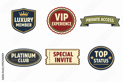 Luxury member badges and vip experience labels representing exclusive access and premium status