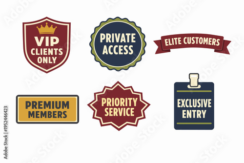 Exclusive membership badges showing vip access, premium service, and priority entry labels