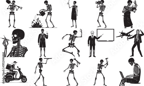 A collection of black and white illustrations featuring various skeletons engaged in different daily occupations and professional activities