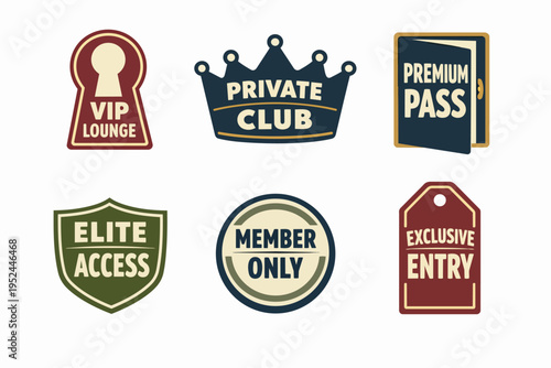 Vip exclusivity and premium experience badges, icons accessing private club membership