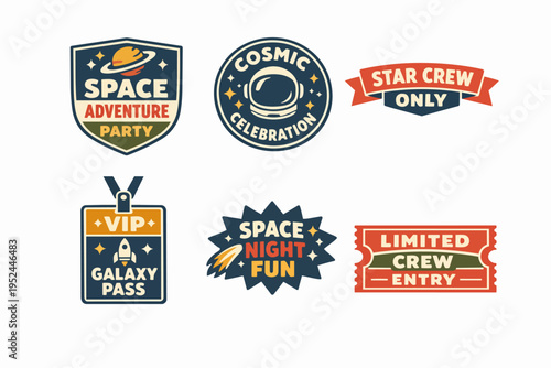 Space themed badges and tickets for cosmic adventure party and galaxy events