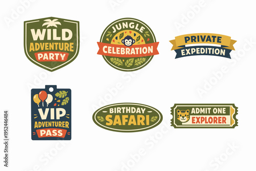Jungle adventure celebration badges and safari party tickets for kids events