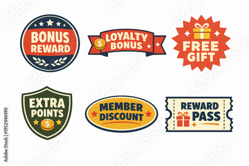 Loyalty program badges and reward labels for bonus points and gift promotions