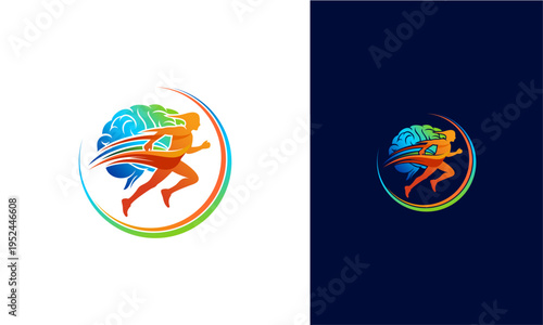 brain design logo and human running vector