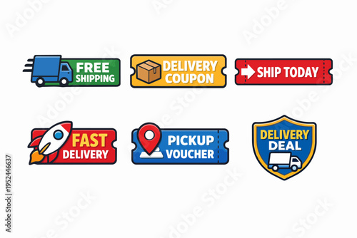 Online shipping concept with delivery, coupon, and pickup service banners set