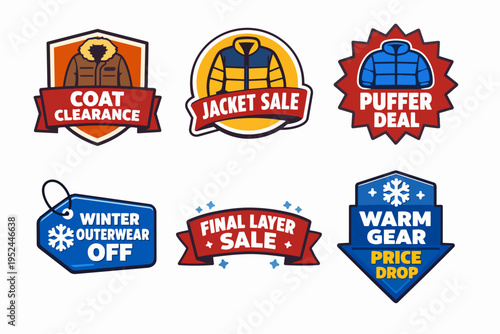 Winter outerwear sales badges featuring discount icons for cold season fashion marketing
