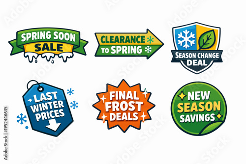 Seasonal sales labels introducing spring promotions and winter clearance deals
