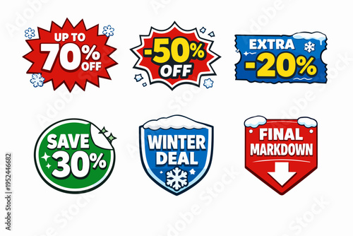 Winter sale discount tags set. Offering promotion labels with special prices