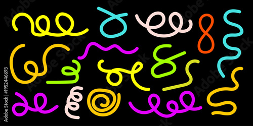 Colorful abstract doodle wavy line shapes, squiggle color wave confetti, cute carnival confetti ribbons for kid birthday party, colorful swirls and curves, line squiggles elements