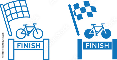 Cycling finish line flags and bicycles icon set