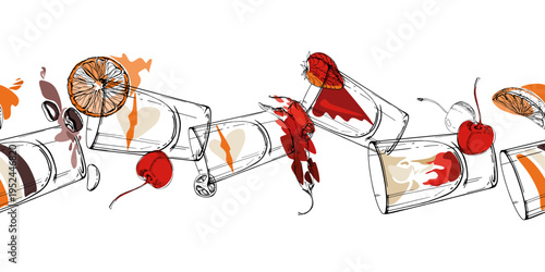 Orange red and cream cocktail mix strip with flat accents and minimal shapes, shot glasses hand drawn in ink. Hand drawn vector seamless banner for festive promotions, product edges, blog sections