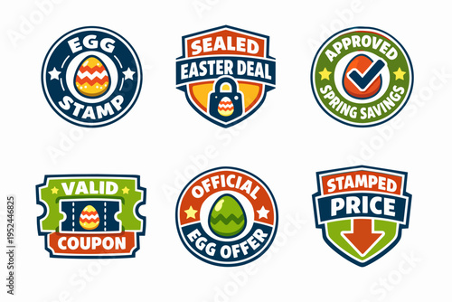 Easter egg deals and discount badges, spring savings, valid coupons, promo labels