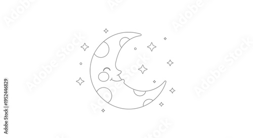 A minimalist line drawing of a smiling crescent moon.