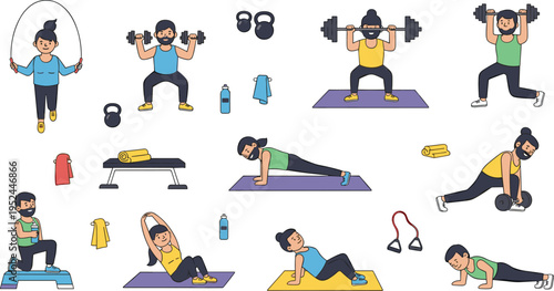Fitness Workout and Gym Exercise Vector Illustration Set Featuring People Training with Dumbbells, Jump Rope, Push Ups, Plank, Yoga Mats, and Healthy Lifestyle Activities.