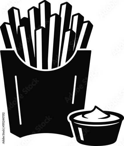 Black and white of french fries in a container with dipping sauce food