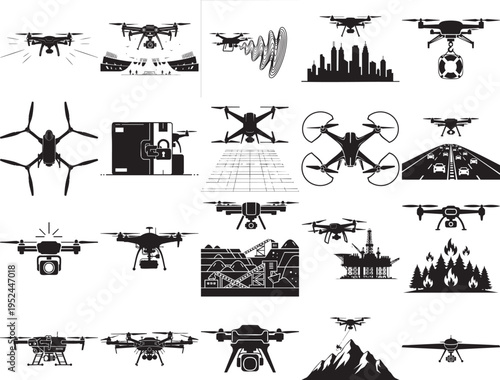 A comprehensive collection of black and white drone icons representing various aerial technology applications and surveillance scenarios