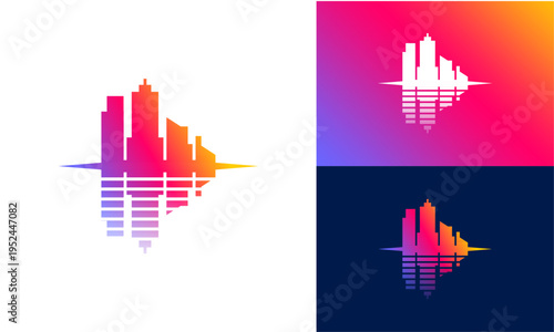 The combination of city silhouettes and shadows, forms the play logo on music