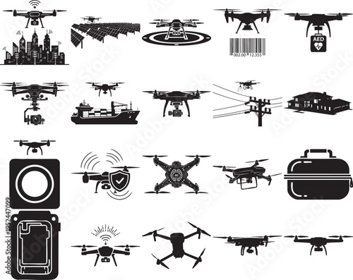 A comprehensive collection of black and white drone icons representing various aerial technology applications and industry use cases