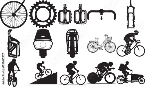 A comprehensive collection of black bicycle silhouettes featuring various bike components, accessories, and cyclists in different riding positions