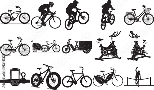 A comprehensive collection of bicycle silhouettes showing various types of bikes including mountain road exercise and cargo models for design projects