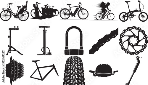 A comprehensive collection of black silhouettes representing various bicycles, cycling accessories, and essential mechanical components for maintenance