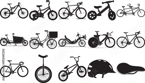 A collection of various bicycle silhouettes including mountain bikes, road bikes, cargo bikes, and cycling accessories on a plain white background
