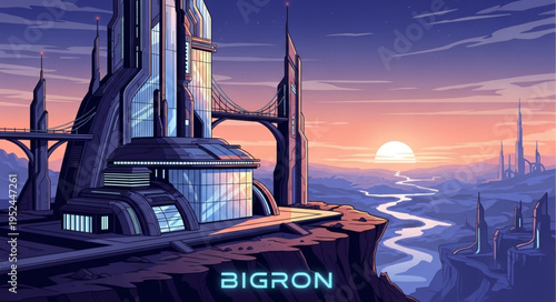 Futuristic Cityscape Pixel Art with Towering Structures at Sunset.
