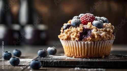 Blueberry Streusel Cake with Fresh Berries Close-up