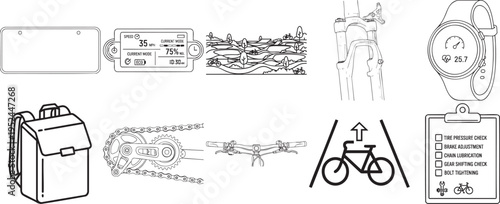 A collection of black and white line art icons depicting various mountain biking equipment and maintenance checklist components for cyclists