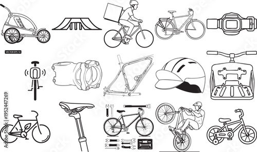 A comprehensive collection of black and white bicycle icons featuring various cycling equipment riders and maintenance tools for graphic design projects