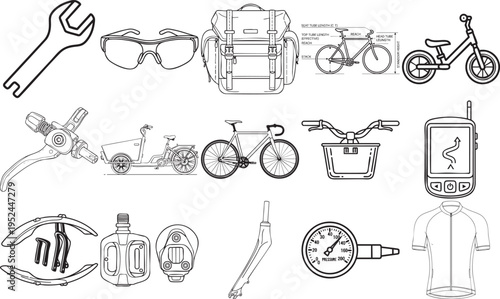 A comprehensive collection of black and white line art icons depicting various bicycles, essential cycling gear, tools, and technical components