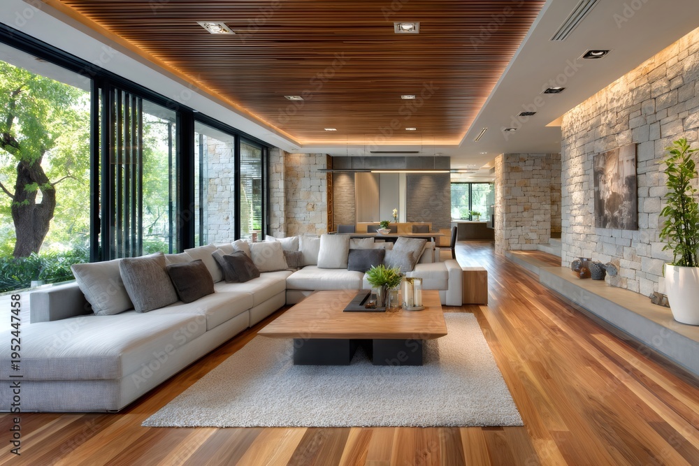 Fototapeta premium Modern luxury living room interior with natural materials