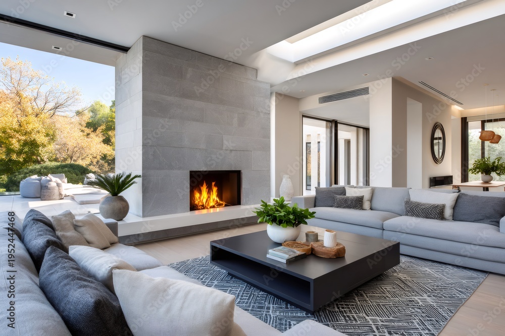 Naklejka premium Modern living room interior with contemporary fireplace and garden view